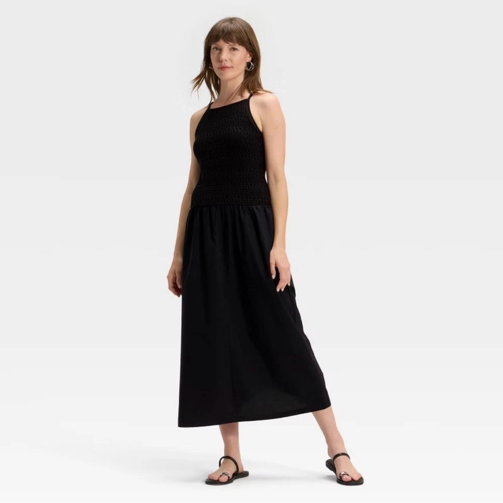 Universal Thread Black Crochet Halter Midi Dress NWT L